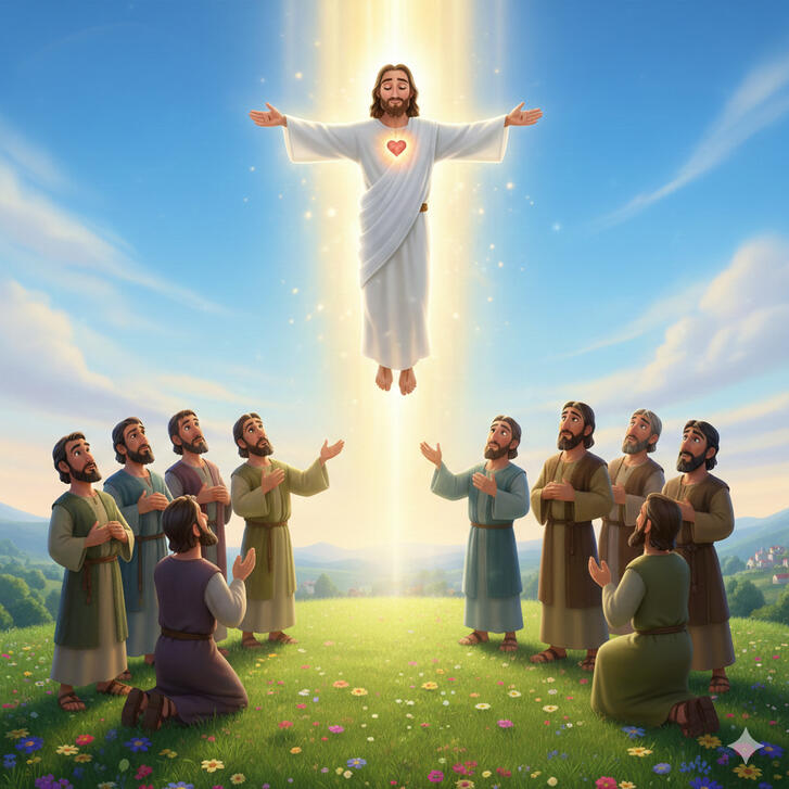 Jesús resucitado rodeado de sus discípulos ilustración bíblica del libro infantil La Resurrección Jesús resucitado rodeado de sus discípulos ilustración del libro cristiano para niños La Resurrección